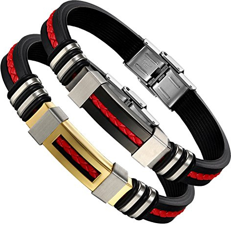 Flongo Edelstahl Gummi Kautschuk Leder Armband Armreif Lederarmband Manschette Geflochten Schwarz Gold Silber Rot Motorradfahrer Biker Punk Rock Herren