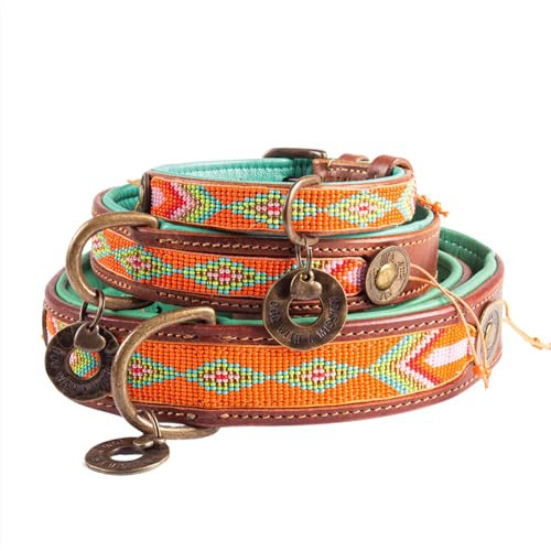 Dog with a Mission - Hundehalsband XXS | Farbenfroh Orange, Türkis | Perlen | Boho, Ethno, Ibiza, Hippie | Kleine Hunde | Handgemacht | Modisch und Bunt | Aus weichem Echtes Leder | 2 cm Breit