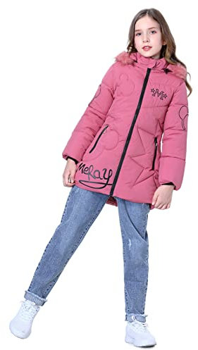 SXSHUN Bambina Giacca Slim da Principessa Piumino con Cappuccio di Pelliccia Ragazza Cappotto Caldo Imbottito in Cotone, Rosa, 9-10 Anni/ 4XL