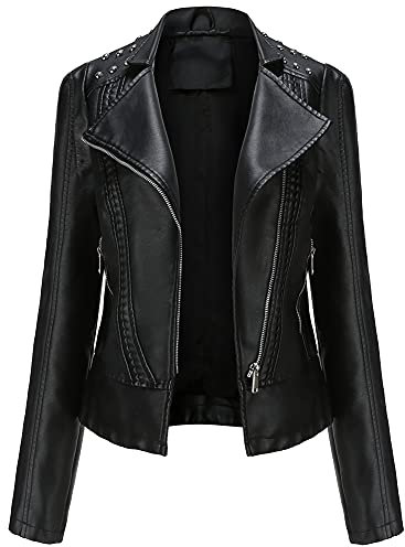 YFFUSHI Damen Lederjacke Kurz Slim PU Leder Jacke Reverskragen Lange Ärmel Übergangsjacke Reißverschluss Biker Lässig,Schwarz,XL