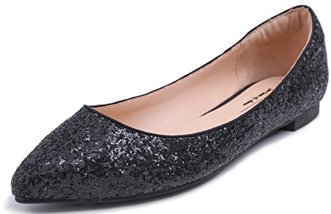 Feversole Damen Klassische Ballerinas Profilsohle Glänzende Paillette Flach Punkt Punkt glänzend Schwarz 41
