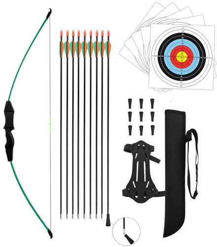 HANSPY Archery Recurve Bow and Arrow Youthbow Set Teens Beginner Gift Longbow Kit 18 Lb with 9 Arrows,9 Safety Arrow Head,5 Target Face, Armground,Quiver,for Backyard Outdoor Sports Hunting