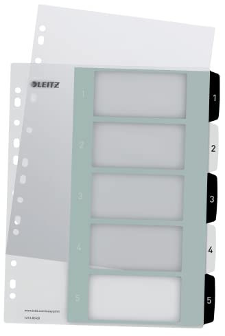 Leitz Register für A4, 20er Pack, PC-beschriftbares Deckblatt und 5 Trennblätter, Taben mit Zahlenaufdruck 1-5, Überbreite, Weiß/Schwarz, Polypropylen, WOW, 12130000