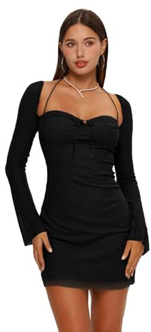 XLLAIS Women Long Puff Sleeve Mini Bodycon Mesh Dress Split Hem Clubwear (Black1, Medium)