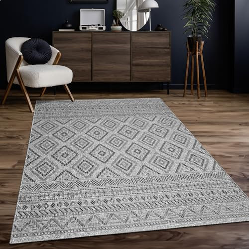 Paco Home Outdoor Teppich Flachgewebe Modern Boho-Style wetterfest & UV-beständig Ideal für Terrasse Balkon Wohnzimmer & Küche, Grösse:80 cm Rund, Farbe:Anthrazit