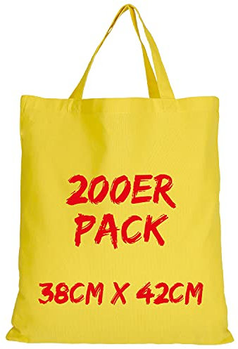 TEXXILLA Baumwolltasche - 200er Pack | Gelb | mit Zwei kurzen Henkeln | 38x42cm | Jutebeutel | Einkaufstasche | unbedruckt