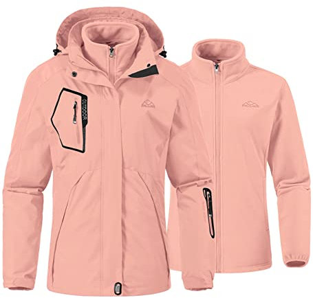 YSENTO Damen 3 in 1 Outdoor Winter Softshell Funktionsjacke mit Fleecejacke wasserdichte Regenjacke Winter Warme Winddichte Übergangsjacke(Rosa,XS)