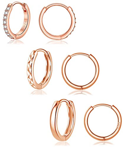 Cangall Creolen Silber 925, 3 Paare 925 Sterling Silber Rosegold Creolen Ohrringe Set, Ohrringe Silber Creolen mit Weiß Zirkonia, 12mm Klein Unisex Schlafen Huggies Creolen für Frauen Mädchen