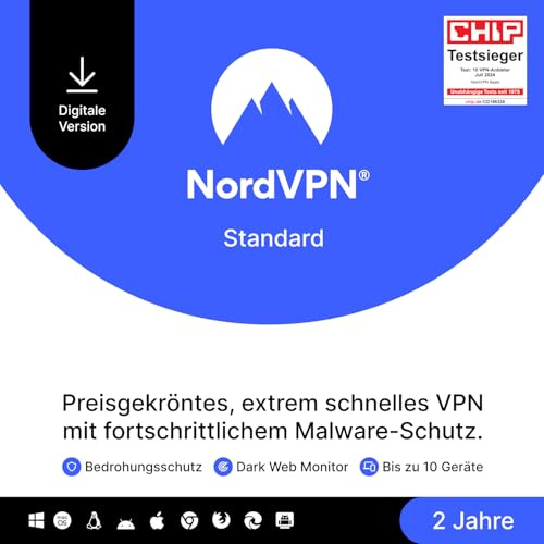 NordVPN Standard, 10 Geräte, 2 Jahre, VPN & Cybersicherheit, Digitaler Code