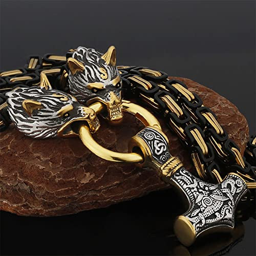 ZFSBRTL Herren Königskette Thors Hammer Anhänger Halskette, Nordische Mythologie Massiver Edelstahl Mjölnir Fenris Wolfskopf Halskette Wikinger Retro Amulett Rune Schmuck Geschenk,F01 Gold a,50CM