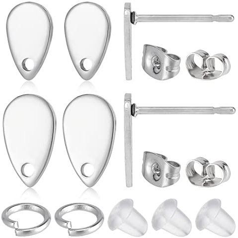 CREATCABIN 100 Stück Tropfen Ohrstecker Zubehör 2 Größen Edelstahl Ohrstecker Ohrstecker Ohrring Schlaufe Mit 100 Stück Biegeringen & Kunststoffmuttern Für DIY Ohrring Schmuckherstellung 8x5mm/10x6mm