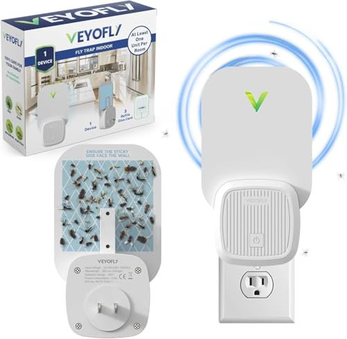 VEYOFLY Fluginsektenfalle, Insektenfänger,Innenfliegenfalle,Sichereres Zuhause,Fruchtfliegenfallen für Gnat, Motte,Moskito, Insektenlicht zum Einstecken,Insektenvernichter (1 Geräte+ 3 Klebekarten)