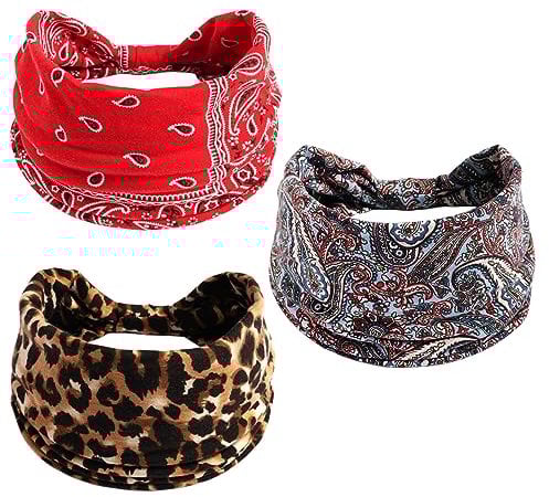 scicent Ladies Headbands 3 Pack Headband for Women Wide Soft Ladies Head Band Boho Print Leopard Bandanas Fashion Knotted Head Bands for Adult Hair Accessories - 3635