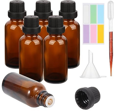 Hyber&Cara Flacons en verre ambré de 30 ml avec bouchons à vis, vides et rechargeables pour échantillons de parfums et aromathérapie, avec entonnoir, pipette plastique de 3 ml et 6 étiquettes
