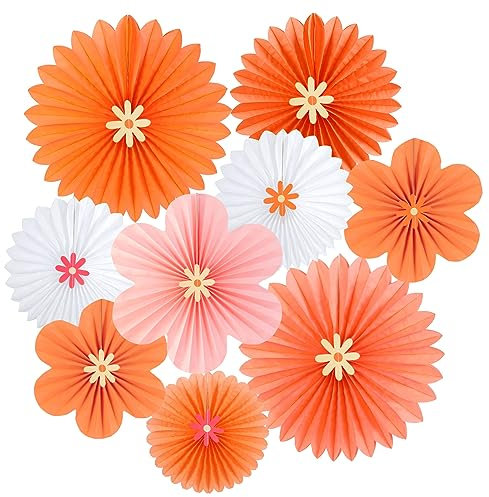 SUNBEAUTY 10 Pieces Paper Flower Decorations Orange Floral Hanging Paper Fans Natural Orange Party Wall Decoration Sun Oranges Flower Backdrop for Birthday Baby Shower Classroom Wall Decor