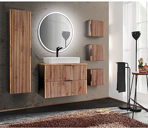 Lomadox Badezimmer Komplett Set Waschtisch Unterschrank 80 cm Keramik Waschbecken Spiegel Beleuchtung Hochschrank 3 Hängeschränke anthrazit Eiche Nb. schwarz
