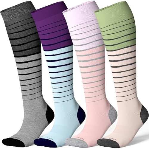 LEVSOX Chaussettes de compression en bambou pour homme et femme 20-30 mmHg - Chaussettes de soutien mignonnes pour infirmières, femmes enceintes, voyages, 4 paires - Mix5, M