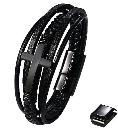 Flongo Herren Leder Armband Kreuz schwarz geflochten Lederarmband mit klassisch Edelstahl Cross Anhänger und Love You Forever Gravur verstellbar Geschenk für Sohn mit Liebeskarte Geschenkbox