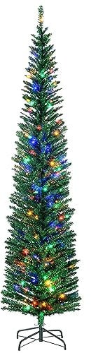 HOMCOM 7.5ft Pre Lit Artificial Christmas Tree Holiday Décor with 200 Colourful LED Lights and 529 Tips, Pencil Shape, Steel Base