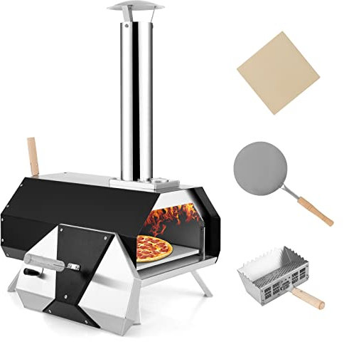 GYMAX Four à Pizza Extérieur avec Pierre à Pizza 30CM, Thermomètre Intégré, Pieds Pliables, Poêle à Pizza à Granulés en Métal Inoxydable pour Camping, Pique-Nique, Fête