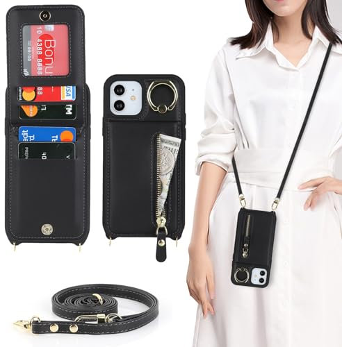 Zouzt for iPhone 12/12 Pro Case with Cord and Card Holde, Zipper Wallet Case with Crossbody Lanyard Ring Adjustable Necklace Protective Cover Women for iPhone 12/12 Pro 6.1 Inch - Black