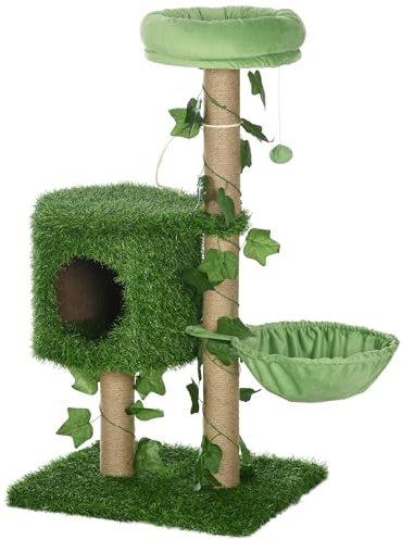 PawHut Árbol Rascador para Gatos 91 cm Torre para Gatos con Cama Hamaca Poste de Yute y Bola Colgante Decorado con Césped y Hojas 50x40x91 cm Verde