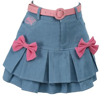 Winx Club Damen Minirock Y2K Hohe Taille Blau Denim Casual Taillierter Saum Lagenrock mit Knoten und Gürtel, Blau, Groß