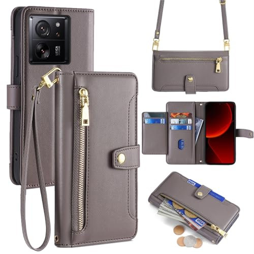 betterfon Handykette Hülle Kompatibel mit Xiaomi 13T / 13T Pro | Leder Handyhülle mit Kartenfächern | Frauen Brieftasche Klapphülle zum Umhängen | Grau