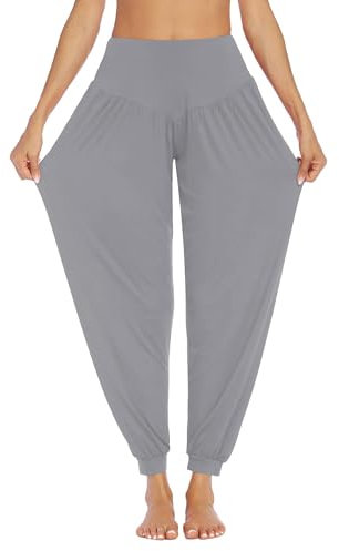 PINSPARK Sporthose Damen Lang Yogahose Haremshose Yoga Hose High Waist Pluderhose Jogginghose Große Größen Freizeithosen Hellgrau S