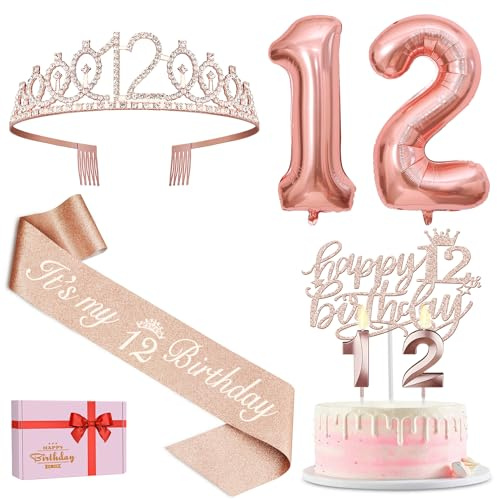 Amosking 12th Birthday Decorations for Girls Rose Gold | 12th Birthday Rose Gold Supplies - 12th Birthday Sash, Tiara, Cake Topper, Candles, Balloons, 12 Year Old Girls Gifts