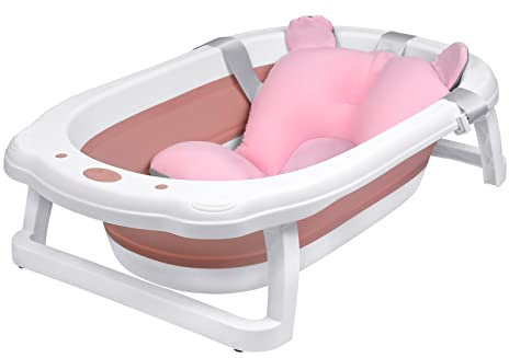 XMTECH Baby Badewanne Faltbare,Babywanne Klappbare 82 * 50 * 20cm,stabiles PP&TPE Plastik,platzsparendm,Badewanne für Babys mit Abflusslöchern & rutschfestem Fußpolster,mit Babywannenkissen,Rosa
