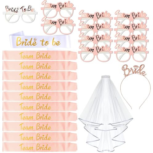 AniSqui 24 Pezzi Gadget Addio al Nubilato Sposa e Amiche, Velo Sposa Addio al Nubilato Gadget, Team Bride, Bride to be Addio al Nubilato, Fasce Addio al Nubilato