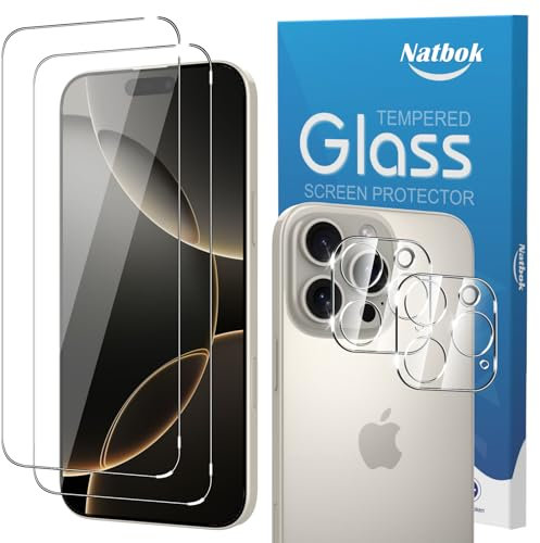 Natbok 2+2 Pack Tempered Glass for iPhone 16 Pro Max Screen Protector & Camera Lens Protector,9H Hardness,Anti-Fingerprints,No Bubbles,HD-Clear Phone Film for iPhone 16 Pro Max 6.9 Tempered Glass