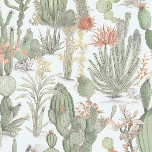 Fvlow Cacti Floral Wallpaper Peel and Stick Vintage Green Leaf Contact Paper White Floral Wallpaper Waterproof Self-Adhesive Wall Covering for Bedroom Countertop Desk Cabinets Decor 17.4 x 118