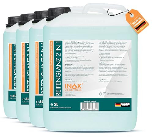INOX® Brillant pour pneus - 4 x 5 l - Entretien du plastique et du caoutchouc pour l'extérieur - Noir - Entretien des pneus pour la brillance des pneus - Entretien et nettoyage des pneus de voiture -