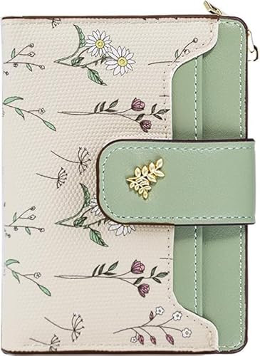 Farcauo Portemonnaie Damen Geldbeutel Frauen Geldbörsen Klein Damen Portemonnaie Mini Geldbörse mit Grün Blumen Design für Frauen Klein Portmonee mit Ausweisfach und Kartenhüllen