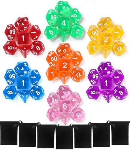 TIDEVAN Polyedrische Würfel,49 Stück Polyedrische Würfel Set Polyedrische RPG Würfel Würfel Tischspiele mit 7 Schwarze Kordelzugbeutel für DND MPG MTG Dungeons D20 D12 D10 D8 D6 D4(Transparent)