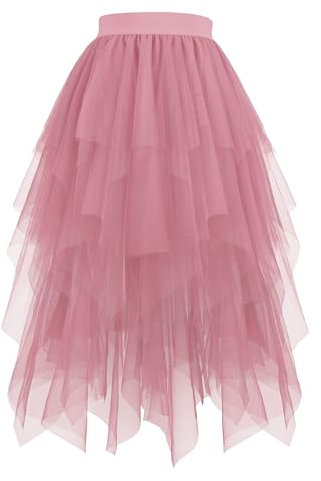 Hanpceirs Damen Tüll Röcke High Low Layered Puffy Fee Röcke A-Linie Midi Rock Unregelmäßiger Tutu Rock Rosa M