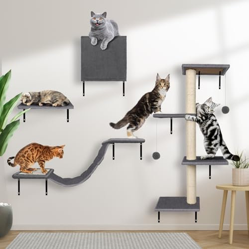 Zvonema Étagères Murales pour Chat, Ensemble Mur d'escalade pour Chats, Muraux Confortables en Peluche avec Griffoir, Arbre a Chats Mural Stable pour Grands et Petits D'intérieur Jusqu'à 10 kg,Gris 