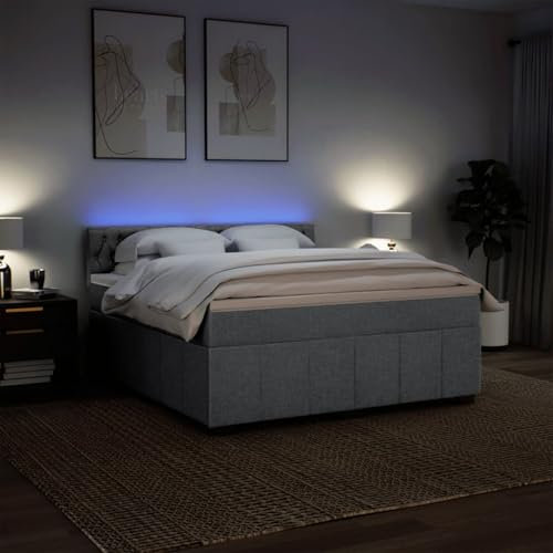 IKAYAA Boxspringbett 180 x 200 cm - Bett mit LED Beleuchtung, Federkern Matratze, Topper & Kopfteil - Polsterbett mit Matratze & Lattenrost Hellgrau