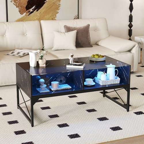 GOPLUS Table Basse Laquée Marbre Verre, Table Basse Salon LED Lumières avec Télécommande 20 Couleurs Réglables 4 Cubes, Plateau en Faux Marbre et Verre Trempé,Charge 200KG,105 x 55 x 50 CM (Noir)