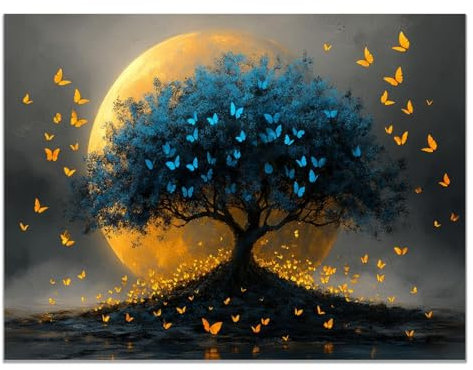 BOHUO Arbre De La Vie Impression sur Toile, Lune Animal Arbre Tableau Abstrait - Decoration Murale Salon Moderne - Image sur Toile - 30x45cm Sans cadre(Bleu)