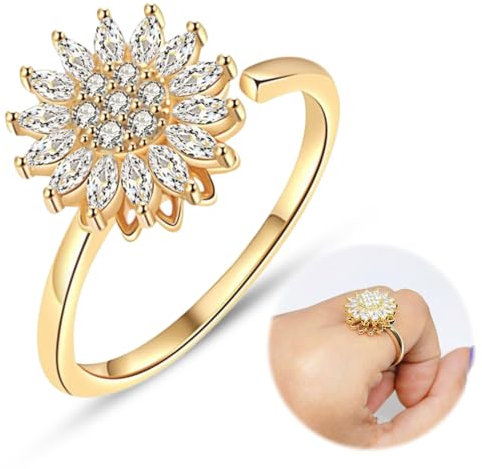 Anello anti-stress da donna girevole a forma di girasole con strass, anello da donna elegante e giocoso, anello antistress dorato con dettagli brillanti, ideale per rilassamento e stile