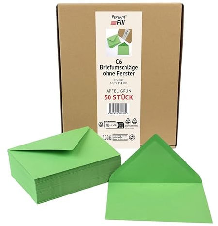 PresentFill® 50 x Briefumschläge Apfel Grün C6-162 x 114 mm ohne Fenster I 100% Recycling Kraftpapier I 120 g/m² stark I Blauer Engel zertifiziert I Made in Germany