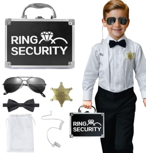 COSLANLEE Ring Security Ring Bearer, Briefcase with Ring Holder, Ring Security Box with Sunglasses, Earpiece, Toy Badge, Ring Bearer, Proposal Gift Set for Ceremony, 6-piece Set