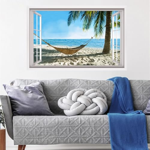 ANHUIB 3D Wandtattoo Strand Meer Wandtattoo Badezimmer Wasserfest Wandaufkleber Wohnzimmer Landschaft Selbstklebend Wandsticker Meer Strand Plam Poster 84x52cm Schlafzimmer Flur Bad Aufkleber Wanddeko