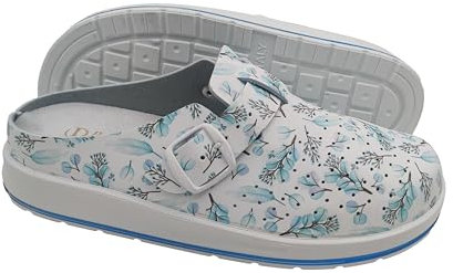 Zoccoli Donna da Casa e Lavoro, Ciabatte Sanitarie Chiuse e Comode, Pantofole Riposanti con Plantare Estraibile (Fiorito Azzurro, Sistema Taglie Calzature EU, Adulto, Donna, Numero, Media, 38)