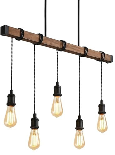 Wooden 5 Light Bar Pendant Light for Kitchen or Dining Area, Height Adjustable 50cm to 140cm, LED Compatible