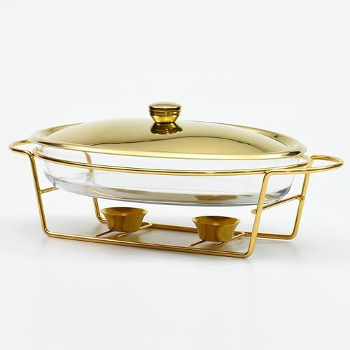 MYUYEE Catering-Isolierschale Hotpot-Buffet-Set 3 Liter ovaler isolierter Lebensmittelbehälter mit Glastopf Metalldeckel Halterung aus Edelstahl geeignet für,Gold
