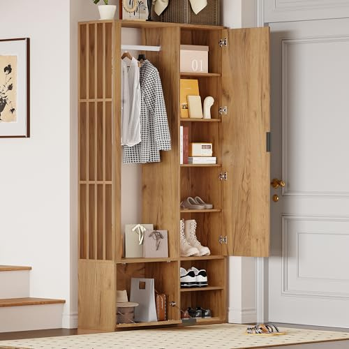 BENMWS Garderobenschränke 100 x 190cm, 6-in-1-Eingangsschrank, Flurschrank mit Wäscheständer, Garderobenschrank und Spiegel, unterer Tür, Holzfarbe
